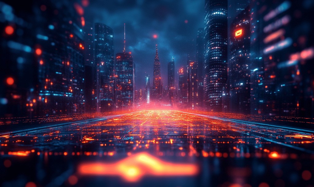 a city with lights on the ground